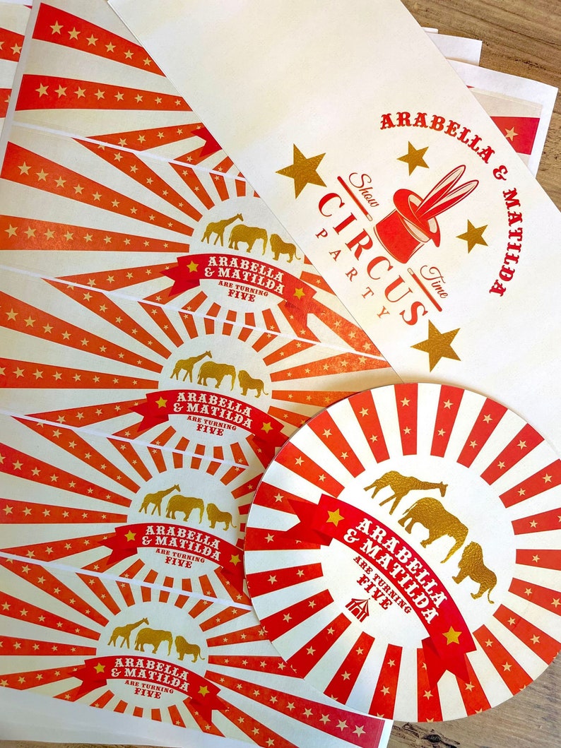 CIRCUS GOLD Personalised Party Box Add matching paperie to co-ordinate your party decor Table Settings Gift Bags Birthday Stickers image 5