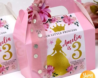 Personalised Mini Gold Pink Princess Crown Flower Pink White Box Birthday Celebration Party Gift Favor Bag Box Treat Sweet Cake