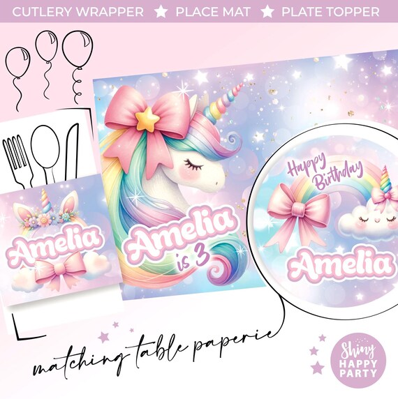 UNICORN PURPLE Personalised Party Box - Add matching paperie co-ordinate your party decor - Table Settings Gift Bags Birthday Stickers