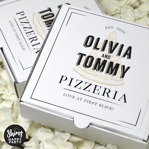 WEDDING PIZZA BOX – Gepersonaliseerde 7" zwart/witte feestdoos voor kleine pizza’s, snoepjes, hapjes, cadeaus en gunsten – Voeg bijpassende flessenverpakking toe