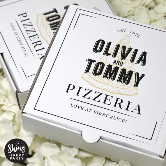 WEDDING PIZZA BOX – Personalised 7" Black/White Party Box for Small Pizza, Sweets, Nibbles, Gifts & Favors – Add Matching Bottle Wrappers