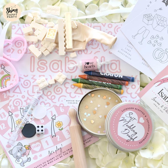 Deluxe WEDDING ACTIVITY BOX Personalised. Children's Dough, Bricks, Activities, Sweets, Bubbles, Games, Balloon, Crayons, Counters, Dice