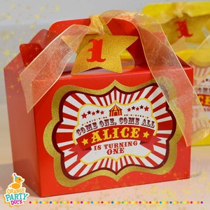 CIRCUS GOLD Personalised Party Box Add matching paperie to co-ordinate your party decor Table Settings Gift Bags Birthday Stickers image 1