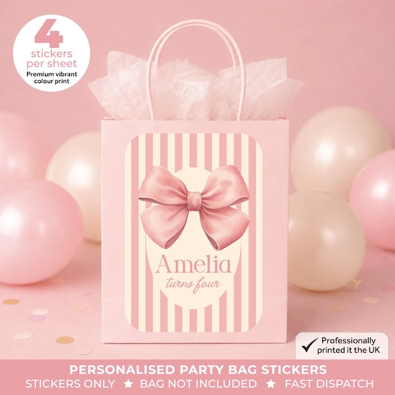 Personalised Pink Bow Coquette Birthday Party Bag Box Stickers - Bows Labels