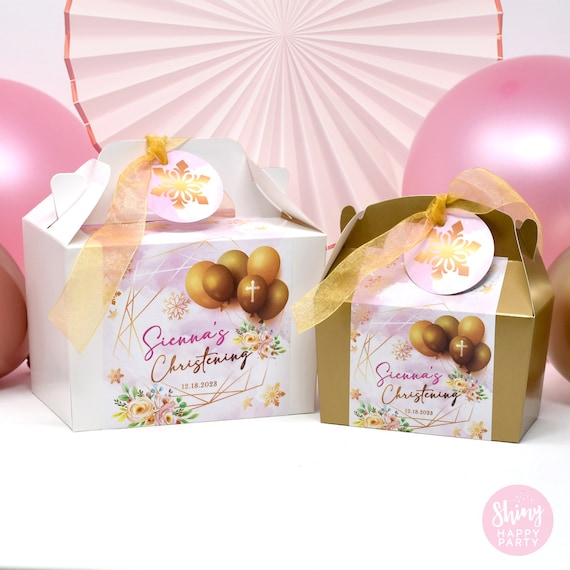 CHRISTENING GOLD BALLOONS Personalised Party Box - Add matching paperie to co-ordinate your party decor -Table Settings Gift Bags Stickers