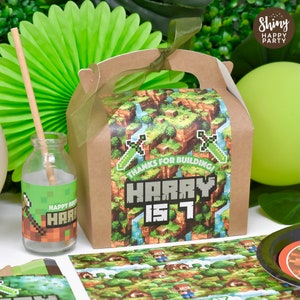 May include: A brown cardboard party favour box with a Minecraft themed design. The box has a handle and a label that says "Thanks for building! Harry is 7".
