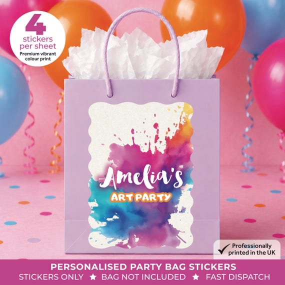 Personalised Art Splat Party Birthday Party Bag Box Stickers - Paint Crafts Labels