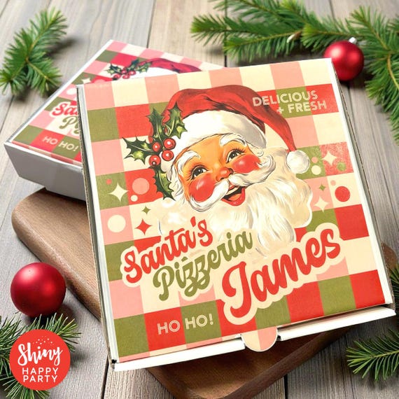 CHRISTMAS RETRO SANTA Pizzeria Personalised 7" Pizza Party Box Gifts Graze Food Sweets Treats Snacks Favors. Add Bottle Wrappers to match.