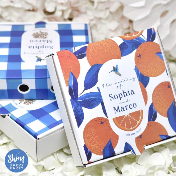 ORANGES BLUE CITRUS Personalised 7" Party Box. Small Pizza. Wedding Graze Box. Sweets, Treats, Nibbles, Gifts, Favors