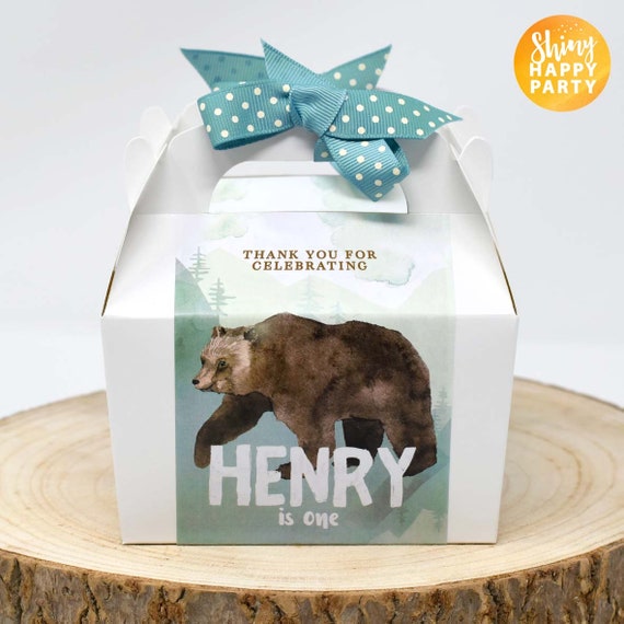 MOUNTAIN BEAR Personalised Party Box - Add matching paperie to co-ordinate your party decor - Table Settings Gift Bags Birthday Stickers
