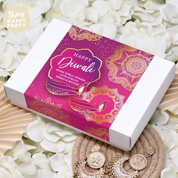 DIWALI BOXES Pack of 10 Personalised - Purple Gold Favor Box Cake, Sweets, Activity, Celebration Gift Boxes