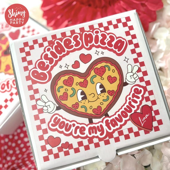 VALENTINES PIZZA LOVE Personalised 7" Party Box. Small Pizza. Graze Box. Sweets, Treats, Nibbles, Gifts. Add Bottle Wrappers to match.