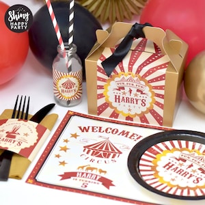 Caja de fiesta personalizada con diseño de showman de circo vintage. Agregue papel a juego para coordinar la decoración de la fiesta. Bolsas de regalo para arreglos de mesa, pegatinas de cumpleaños