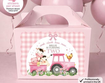 Personalised Pink Farm Birthday Party Bag Box Stickers - Girls Farmyard Theme Labels