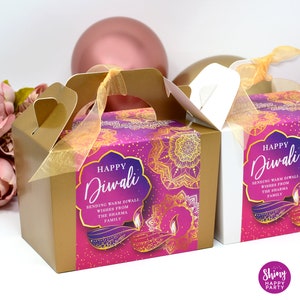 DIWALI GOUD gepersonaliseerde feestdoos - Voeg bijpassende paperie toe om je feestdecor te coördineren - Tafelinstellingen Cadeauzakjes Verjaardagsstickers