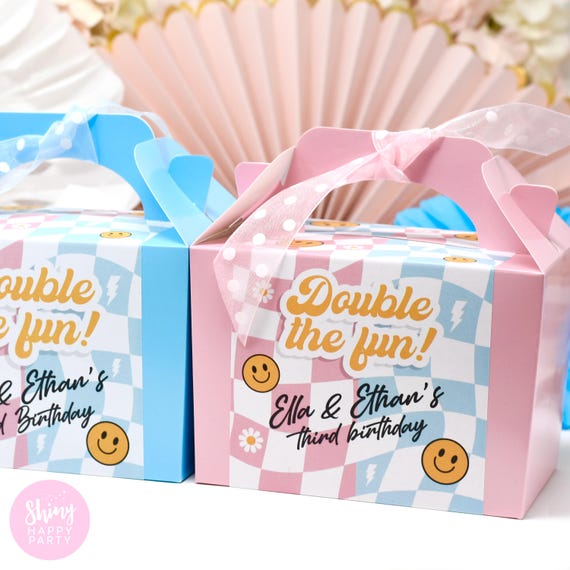Retro Groovy Vibes Double Fun Joint Twin Bestie Birthday Box - Pink Blue Smiley Faces Lightning - Cool Table Decor Birthday Stickers