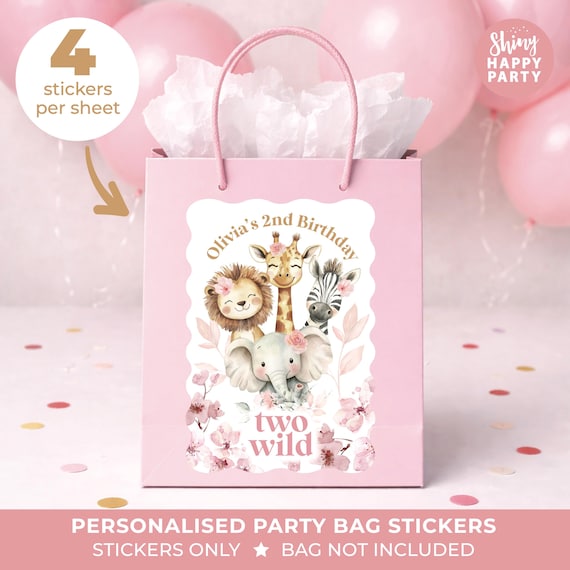 Personalised Pink Wild Jungle Party Birthday Stickers - Safari Animals Labels