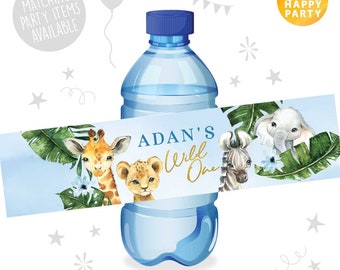 10 X Jungle Animals Gold Blue Leaf Safari Birthday Party Water Bottle Label Wrapper Stickers Giraffe Elephant Lion