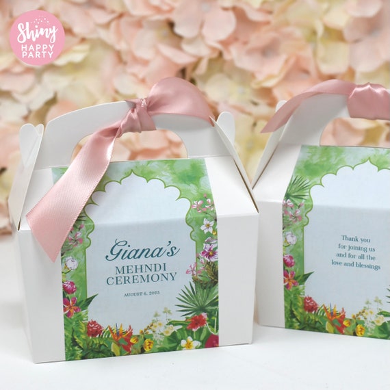INDIAN GREEN MEHNDI Personalised Wedding Favor Box, Cake, Sweets, Gift Boxes. Matching Table Decor & Paperie available.