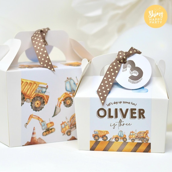 CONSTRUCTION Digger Truck Personalised Party Box - Add matching paperie co-ordinate party decor - Table Settings Gift Bags Birthday Stickers