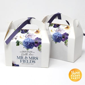 BLUE FLOWER BOUQUET Personalised Wedding Favor Box, Cake, Sweets, Gift Boxes. Matching Table Decor & Paperie available.