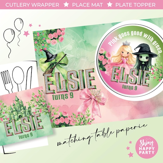 PRINCESS & WITCH Green Pink Personalised Party Box - Add matching paperie co-ordinate party decor - Table Gift Bags Birthday Stickers
