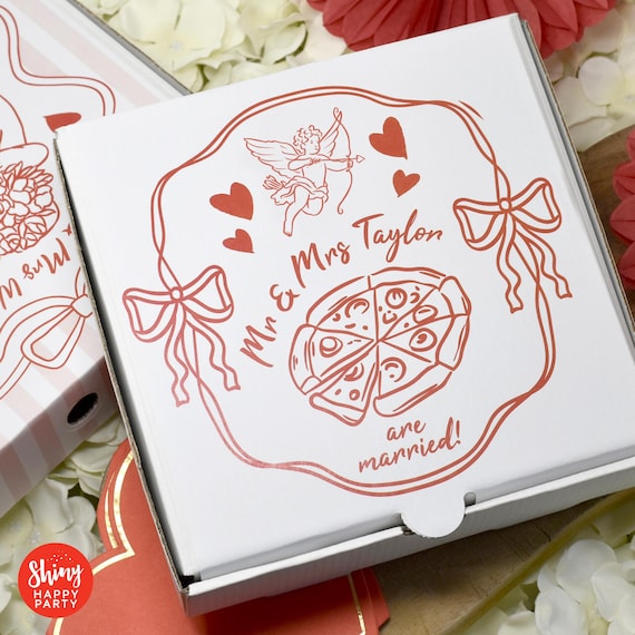 WEDDING PIZZA BOX Cherub Personalised 7" Black/White Party Box. Small Pizza. Sweets, Nibbles, Gifts, Favors. Add Bottle Wrappers to match