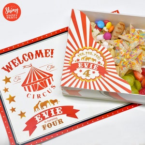 CIRCUS GRAZE BOX Personalizowane pudełko na imprezę Deluxe z przezroczystą pokrywką. Tacka na jedzenie na imprezę. Wypełnij słodyczami i smakołykami.