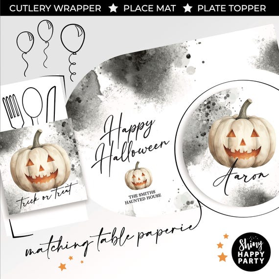 HALLOWEEN Spooky Pumpkin Dinner Personalised Party Boxes and matching paperie to co-ordinate your party decor - Table Settings Gift Stickers