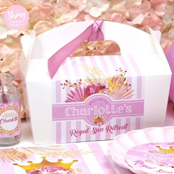 ROYAL SPA RETREAT Crown Personalised Party Box - Add matching paperie to co-ordinate your party decor - Table Settings Gift Bags Stickers