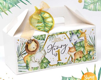 PERSONALISED Gold Jungle Animal Safari Leaf Palm Picnic Kraft Birthday Wedding Party Favor Bag Box Food Activity