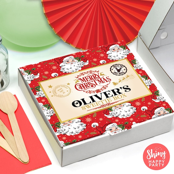 CHRISTMAS PIZZA BOX Vintage Santa Personalised 7" Pizza Party Box Gifts Graze Food Sweets Treats Nibbles Favors Add Bottle Wrappers to match