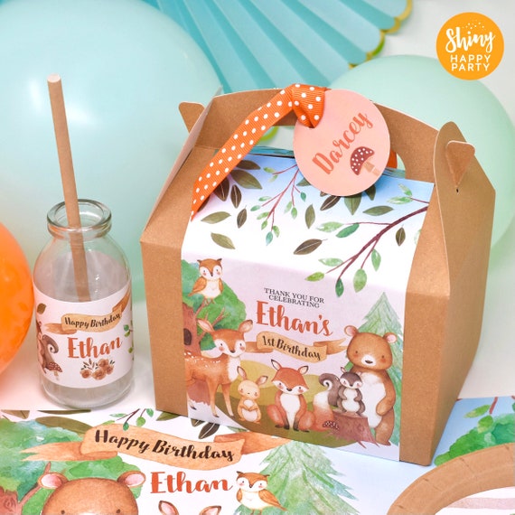 WOODLAND PICNIC Personalised Party Box - Add matching paperie to co-ordinate your party decor - Table Settings Gift Bags Birthday Stickers