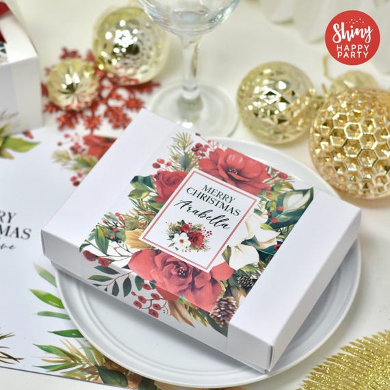 CHRISTMAS RED FLOWER Personalised Gift Box Cakes Sweets Treats -Add matching paperie to co-ordinate your party decor-Table Settings Stickers