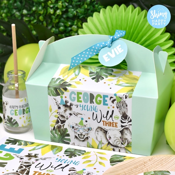 WILD JUNGLE  ANIMALS Personalised Party Box - Add matching paperie to co-ordinate party decor -Table Settings Gift Bags Birthday Stickers
