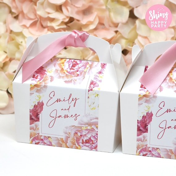 PINK WEDDING FLOWERS Personalised Wedding Favor Box, Cake, Sweets, Gift Boxes. Matching Table Decor & Paperie available.