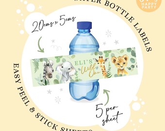 JUNGLE BABIES Bottle Wrappers x5 Birthday Party Water Bottle Labels Stickers