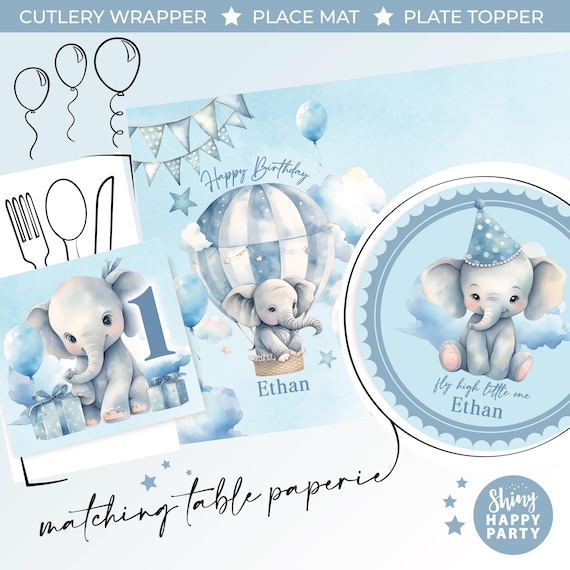 ELEPHANT Air Balloon Baby Personalised Party Box - Add matching paperie co-ordinate party decor - Table Settings Gift Bags Birthday Stickers