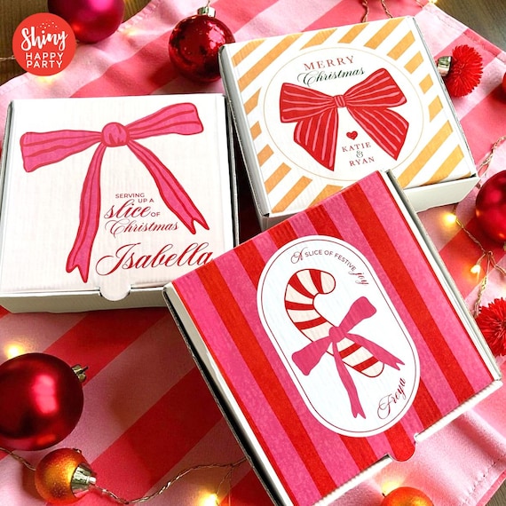 CHRISTMAS Coquette Bow Candy Pizzeria Personalised 7" Pizza Party Gift Box Graze Food Sweets Treats Snacks Favors | Bottle Wrappers to match