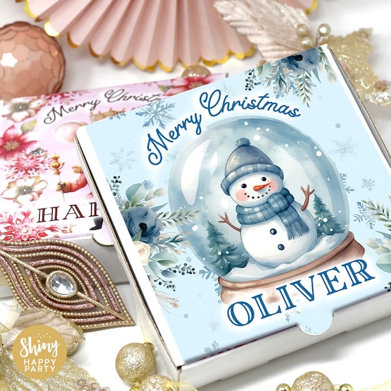 BLUE CHRISTMAS PIZZA Box Personalised 7" Pizza Party Box Gifts Graze Food Sweets Treats Nibbles Favors. Add Bottle Wrappers to match
