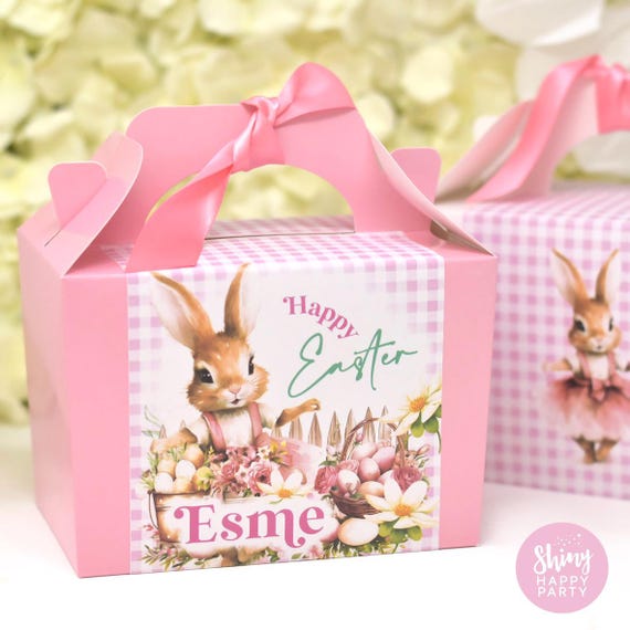 EASTER BUNNY RABBIT Pink Blue Personalised Party Box - Add matching paperie to co-ordinate party decor - Table Settings Gift Bags Stickers
