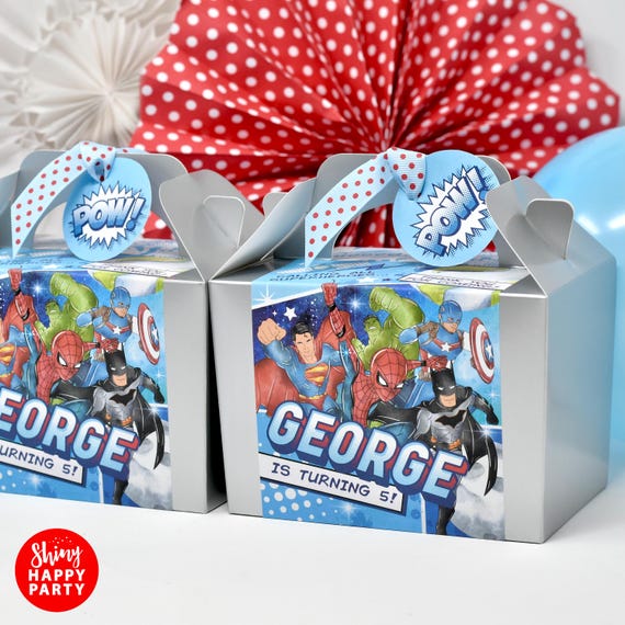 SILVER SUPERHERO Personalised Party Box - Add matching paperie to co-ordinate your party decor - Table Settings Gift Bags Birthday Stickers