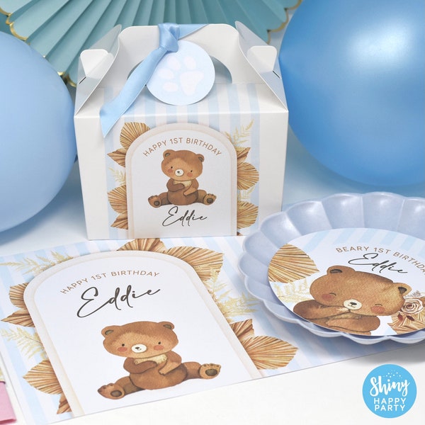 BROWN BEAR Blue Stripe Personalised Party Box - Add matching paperie to co-ordinate party decor - Table Settings Gift Bags Birthday Stickers