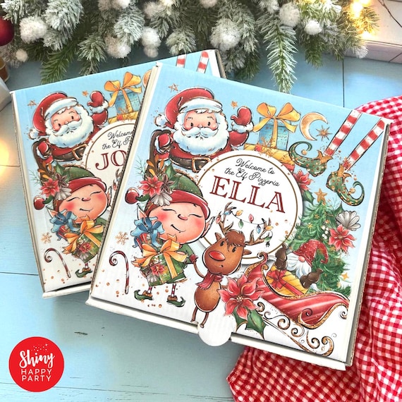 CHRISTMAS SANTA ELF Pizzeria Personalised 7" Pizza Party Box Gifts Graze Food Sweets Treats Snacks Favors. Add Bottle Wrappers to match.
