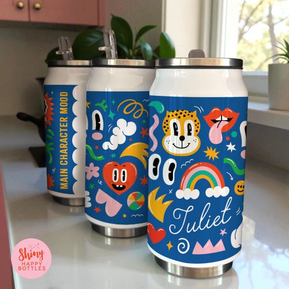 Personalised Main Character Fun Bright Positive Reusable 255ml Soda Can - Ultimate Stylish Party Favour Gift Stocking Filler Water Bottle