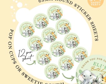JUNGLE BABIES STICKERS Round Personalised 63mm x12 Party Cones Gift Bag Birthday Party Favour Sweet Cone Circle Labels