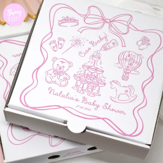 Whimsical Baby Shower 7" Pizza Box – Personalised Party, Graze Box for Small Pizza, Sweets, Treats, Nibbles & Gifts – Add Bottle Wrappers