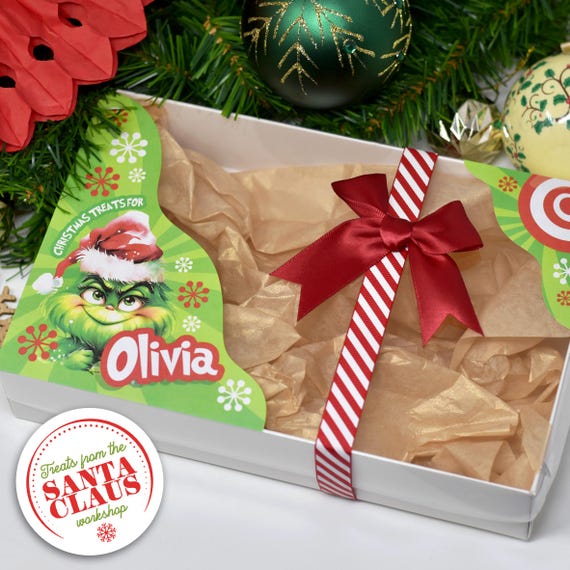 GREEN CHRISTMAS MONSTER Festive Graze Box Personalised Deluxe Party Gift Box with Clear Lid Food Tray Fill with Christmas Sweets and Treats