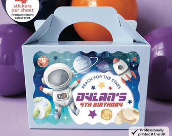Personalised Blue Purple Space Birthday Party Bag Box Stickers - Galaxy Planet Labels