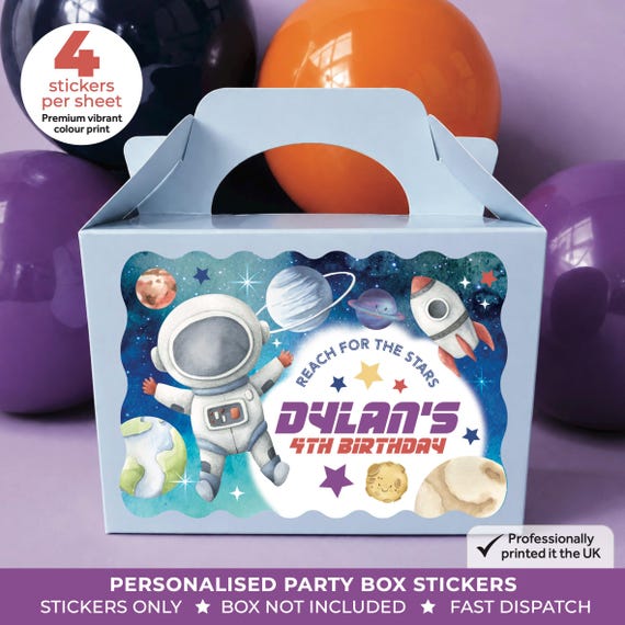 Personalised Blue Purple Space Birthday Party Bag Box Stickers - Galaxy Planet Labels
